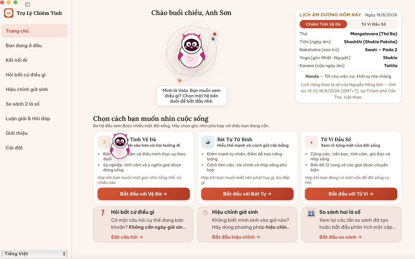 Trang chủ và ba hệ chiêm tinh trong ứng dụng